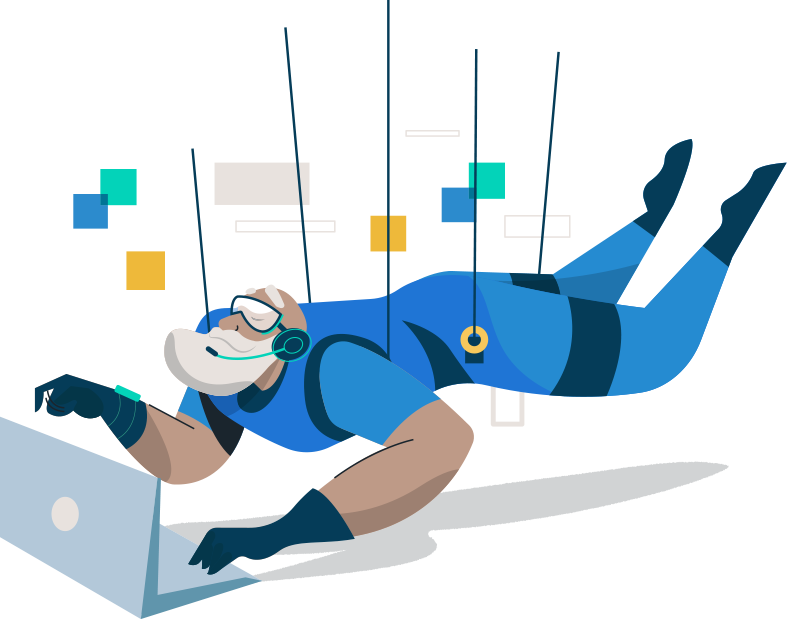 Illustration showing a copywriting being dropped by wires to access a laptop