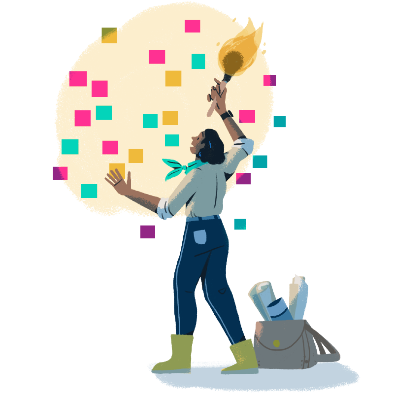 Illustration showing copywriter looking at a cave walll painted with Sticky notes